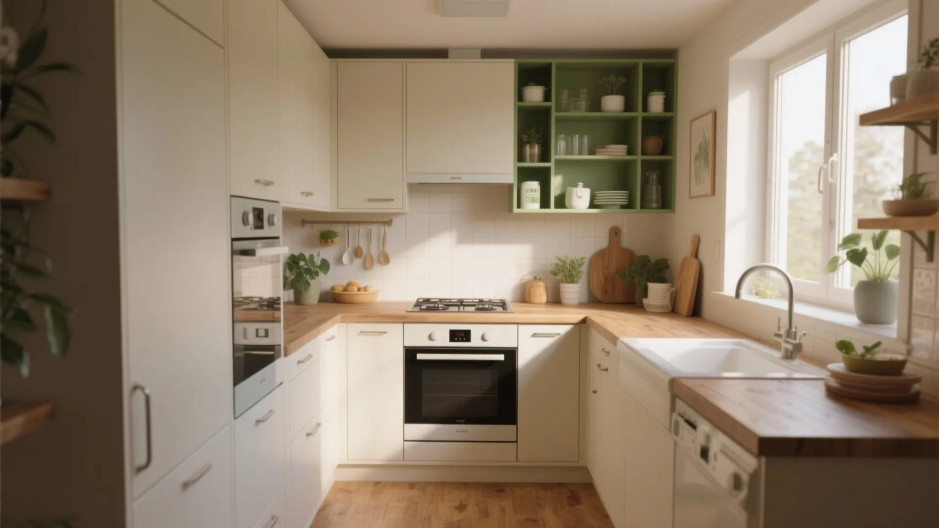 Small white kitchen with wood countertops green open shelves oven and window with natural light