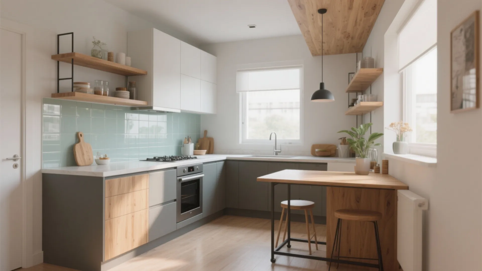 Modern kitchen with white and grey cabinets wooden breakfast bar light green tiles and black lamp
