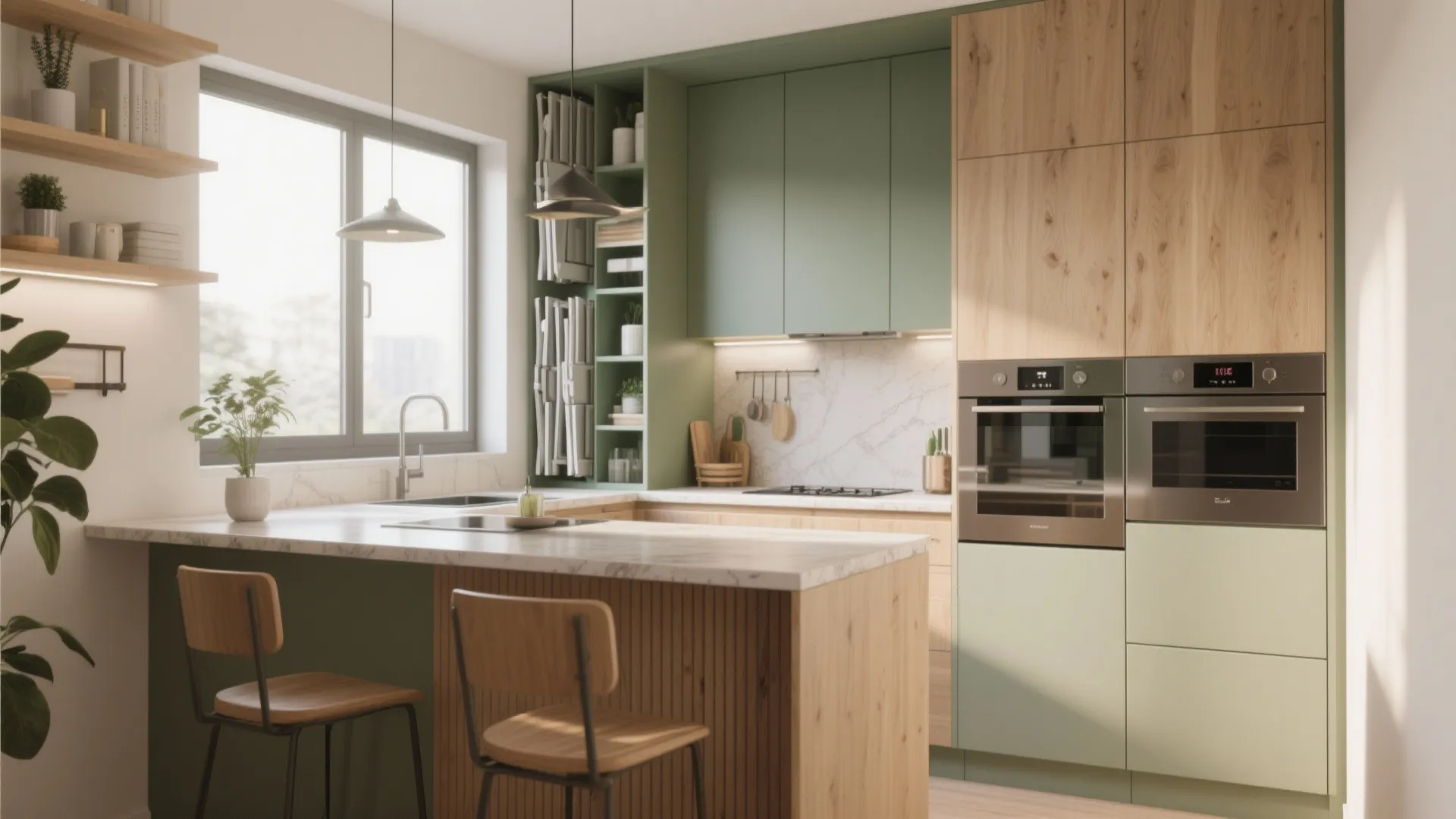 Modern green and wood kitchen with marble countertop breakfast bar ceiling light and built-in ovens