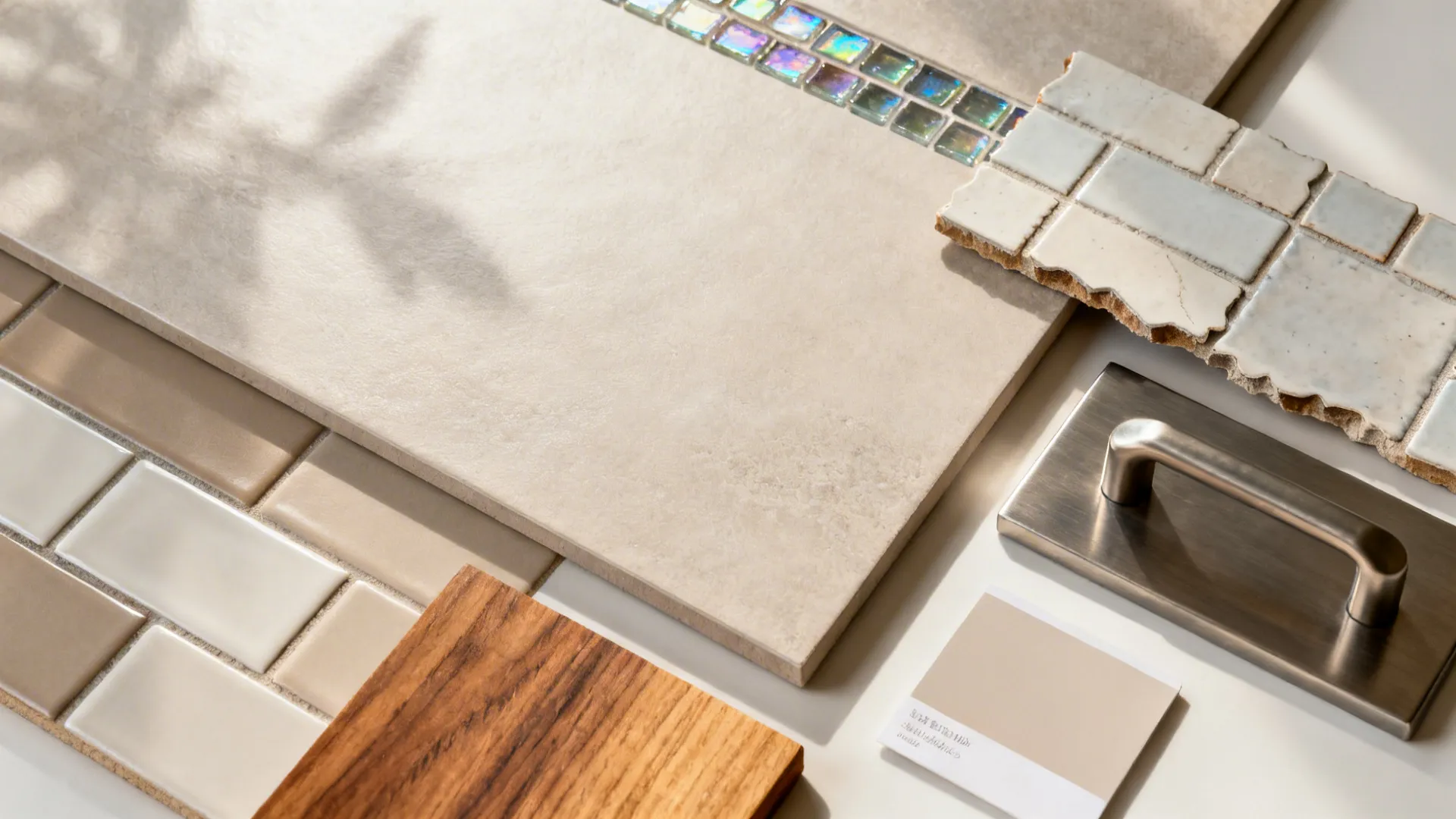 Flat lay of tiles and finishes showing a cohesive small-kitchen palette.
