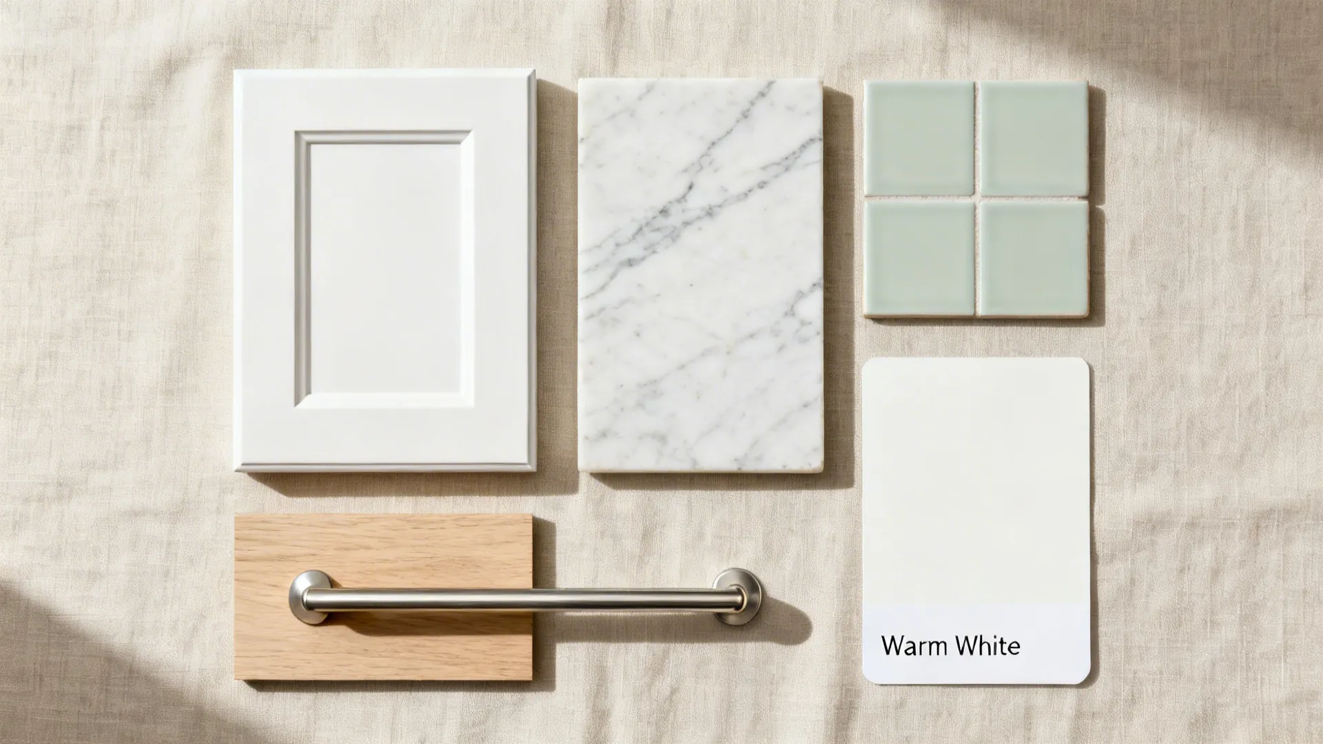 Flat lay of matte cabinet sample, veined quartz, sage tile, slim pull, and light oak swatch.