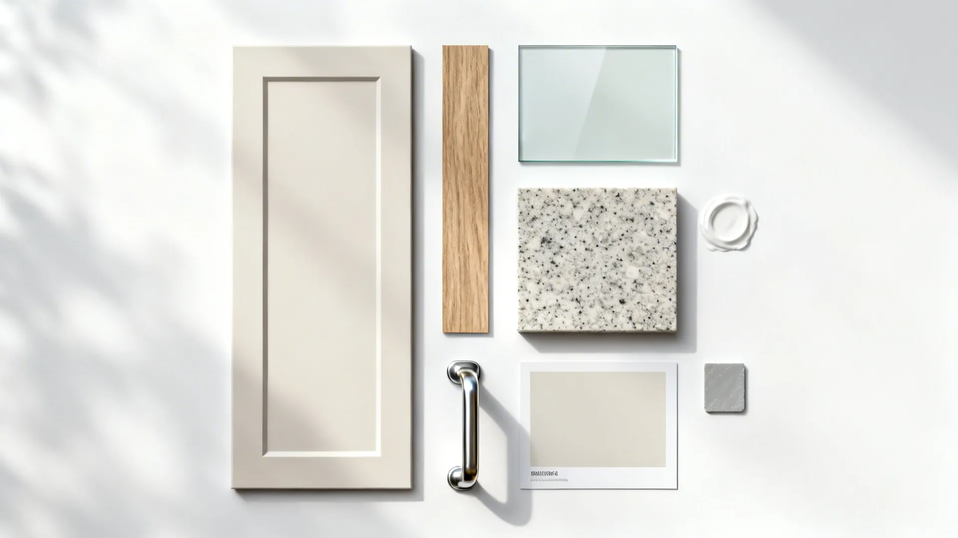 Kitchen material board with cream cabinet door wood strip glass stone sample and metal handle