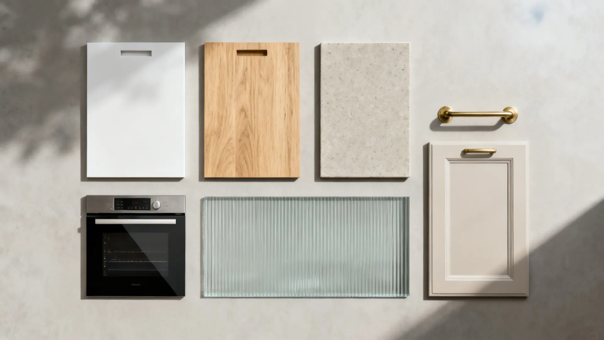 Flat lay of white lacquer, oak veneer, greige quartz, brass hardware, and reeded glass samples.