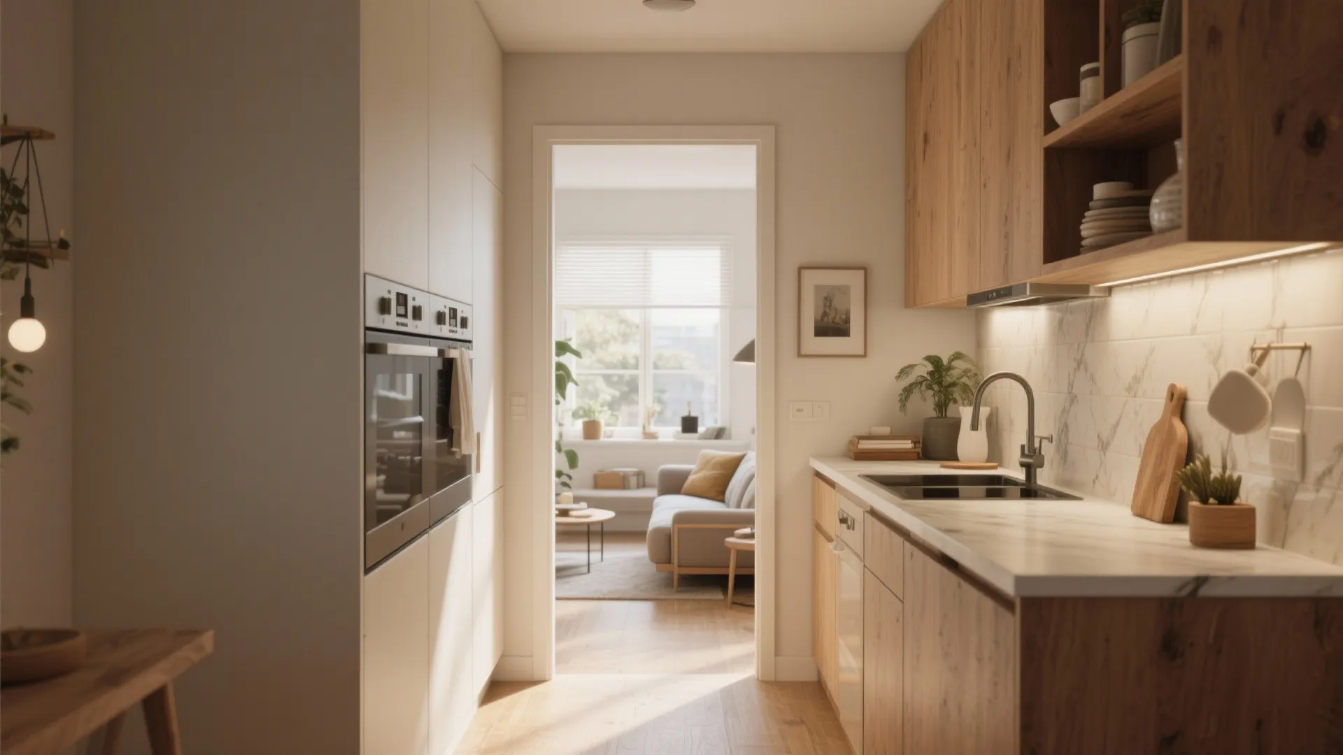 Small galley kitchen with wooden cabinets and white countertops looking into a cozy living room