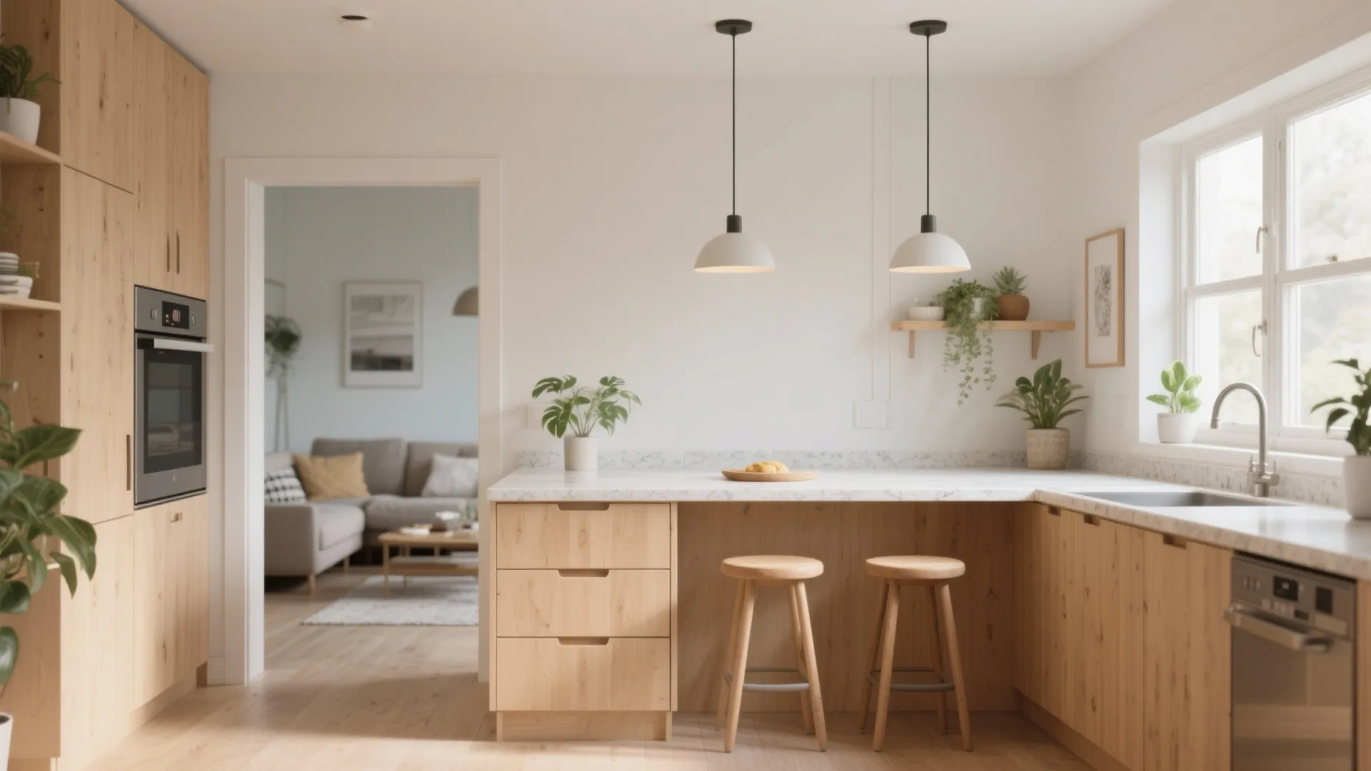 Small kitchen peninsula with wooden cabinets white marble countertop two ceiling lights and green plants