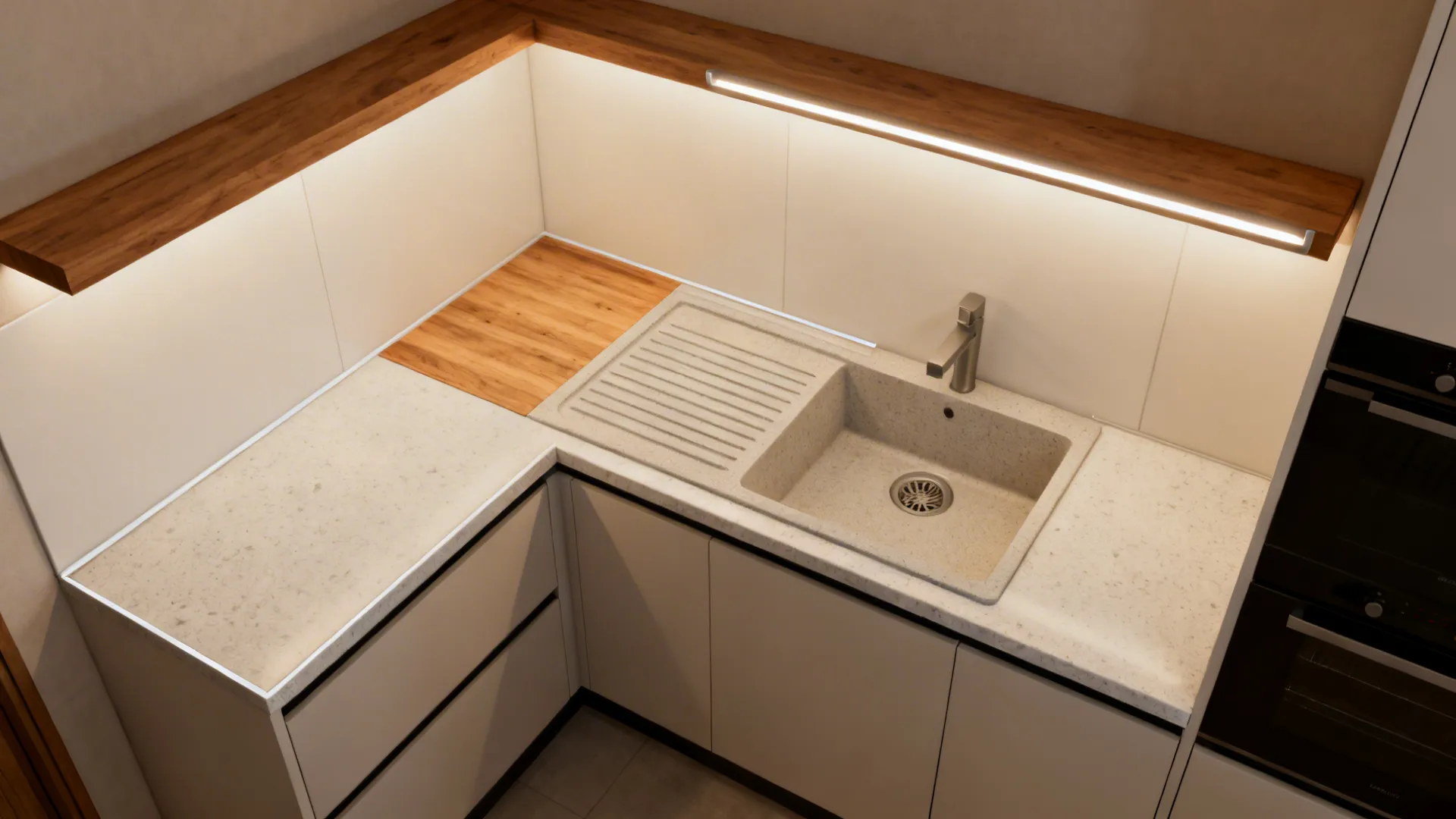Top-down view mapping slab zones and features in a compact kitchen.