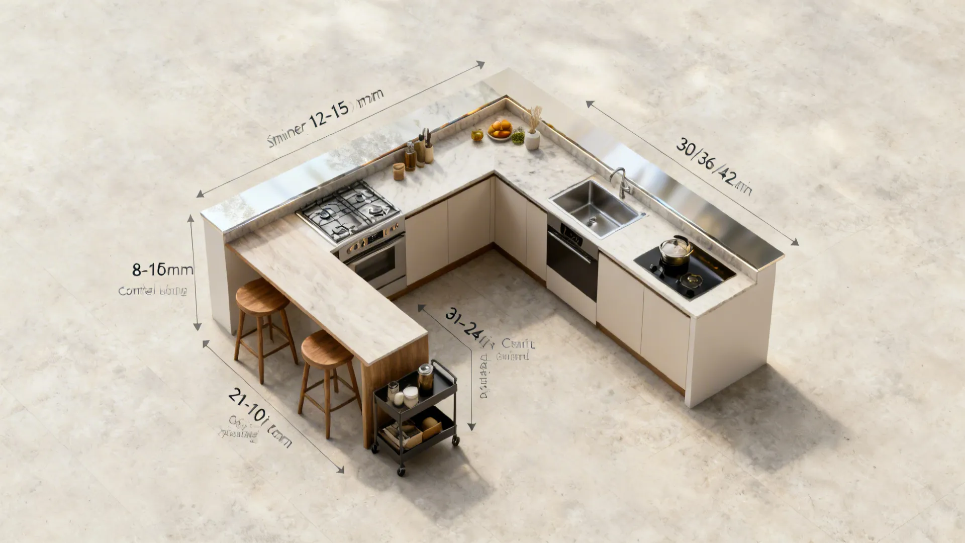 U-shaped kitchen layout drawing with measurements showing white cabinets sink stove and wooden bar stools