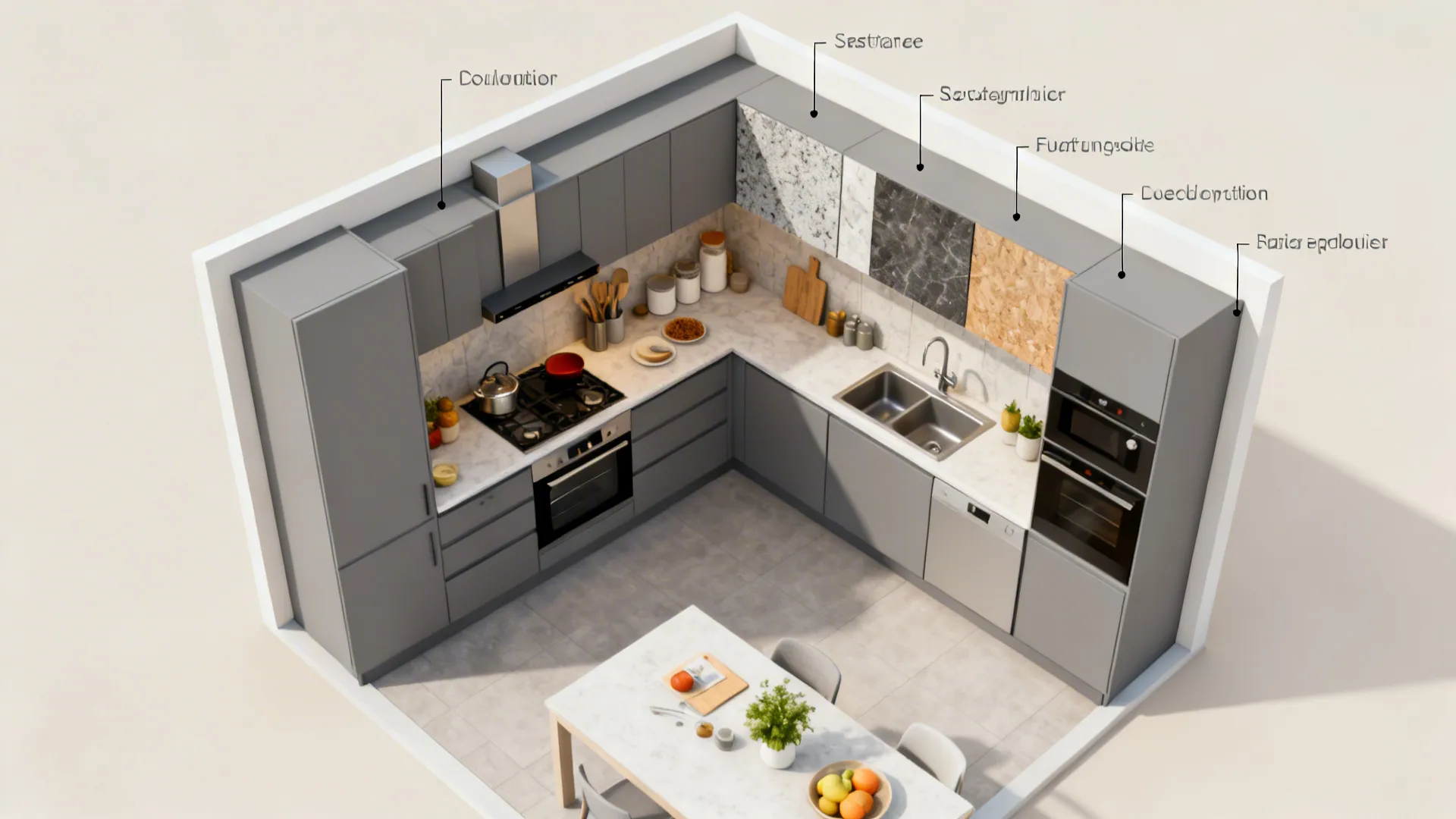 Top-down compact kitchen plan showing grey cabinets and backsplash zones.