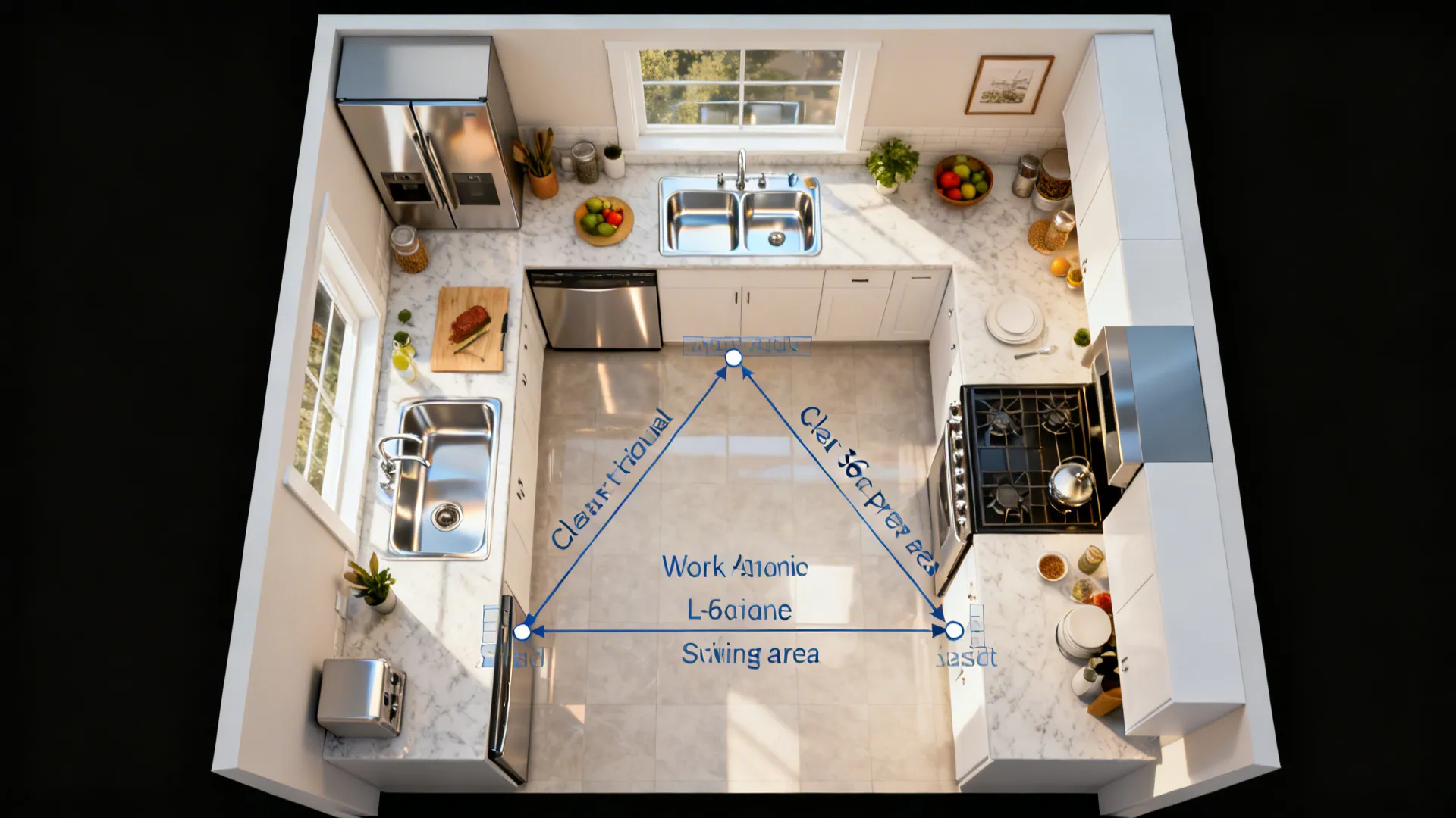 Top-down visualization comparing L-shape and galley layouts with clear prep and appliance zones.