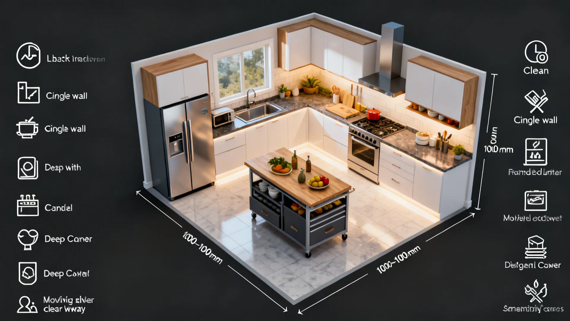 Top-down diagram showing L-shaped and single-wall layouts with clear walkways and lighting zones.
