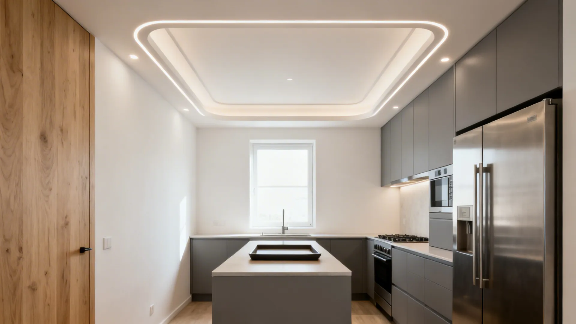 Modern kitchen with grey cabinets a central island wooden door and a large square ceiling light