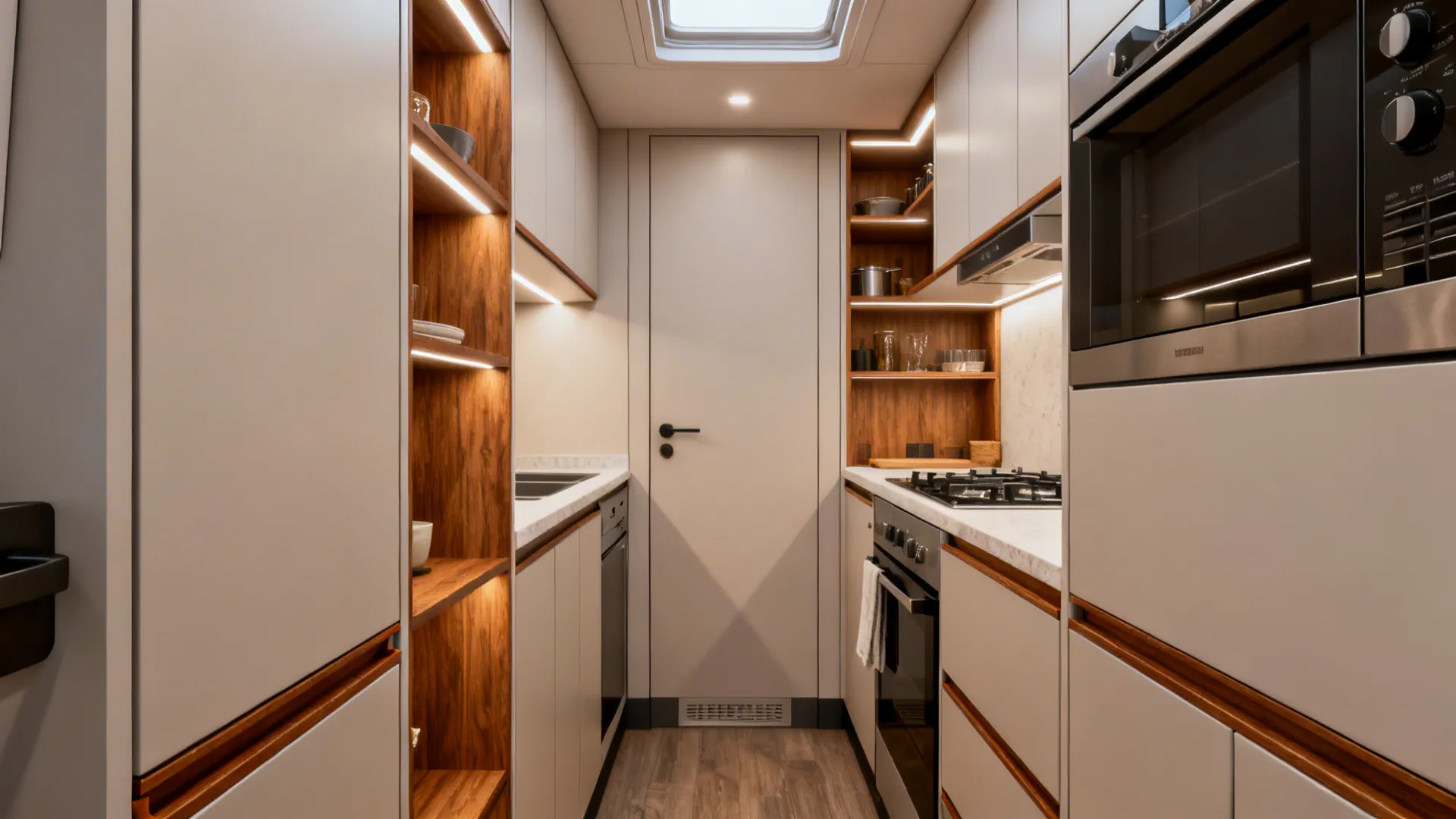Compact galley kitchen with precise reveals, toe kicks, and optimized storage highlighted.
