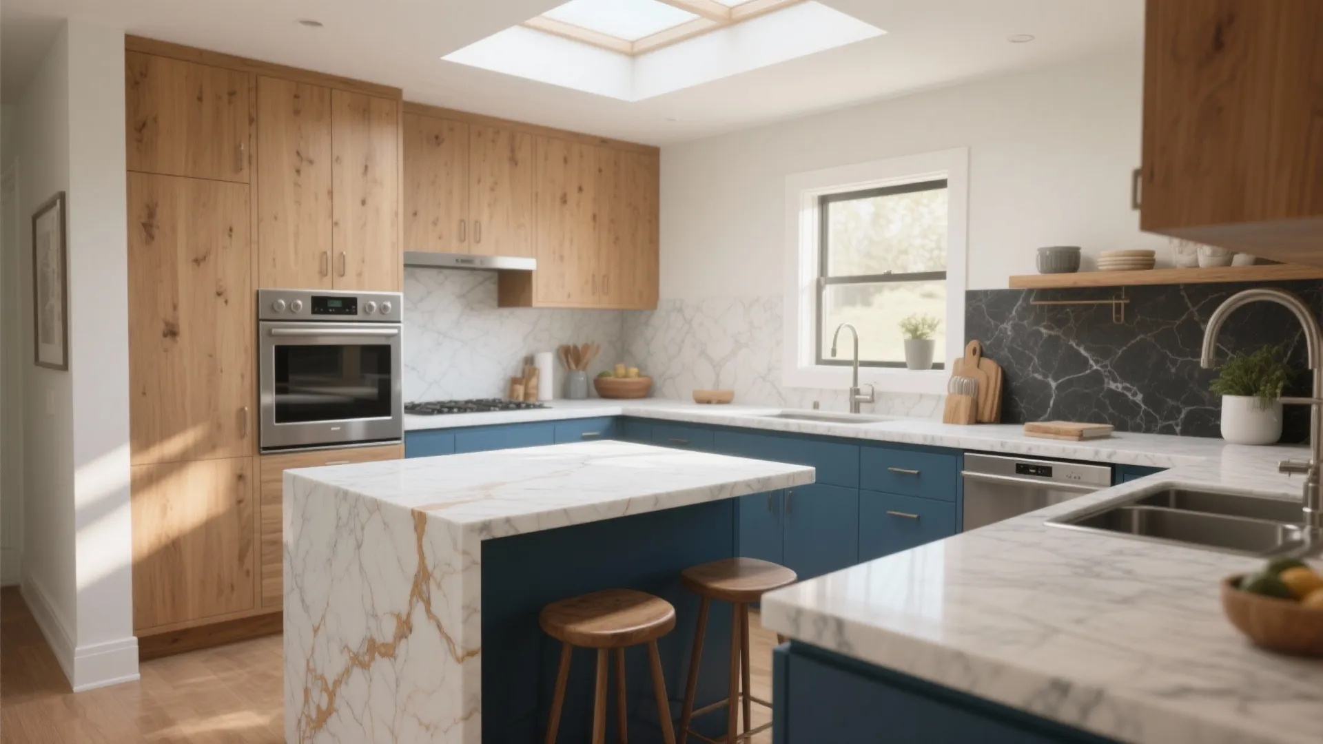 Modern kitchen with blue cabinets white marble island wooden stools and natural light from ceiling window