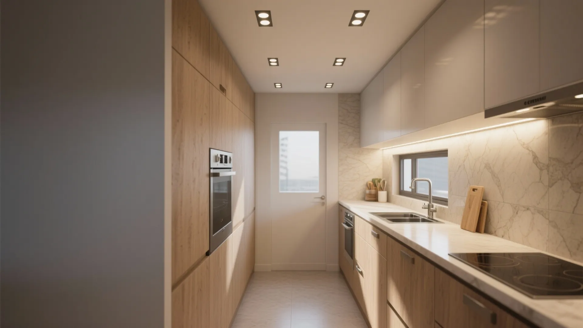 Modern narrow kitchen with wooden cabinets white marble walls ceiling lights sink and oven design