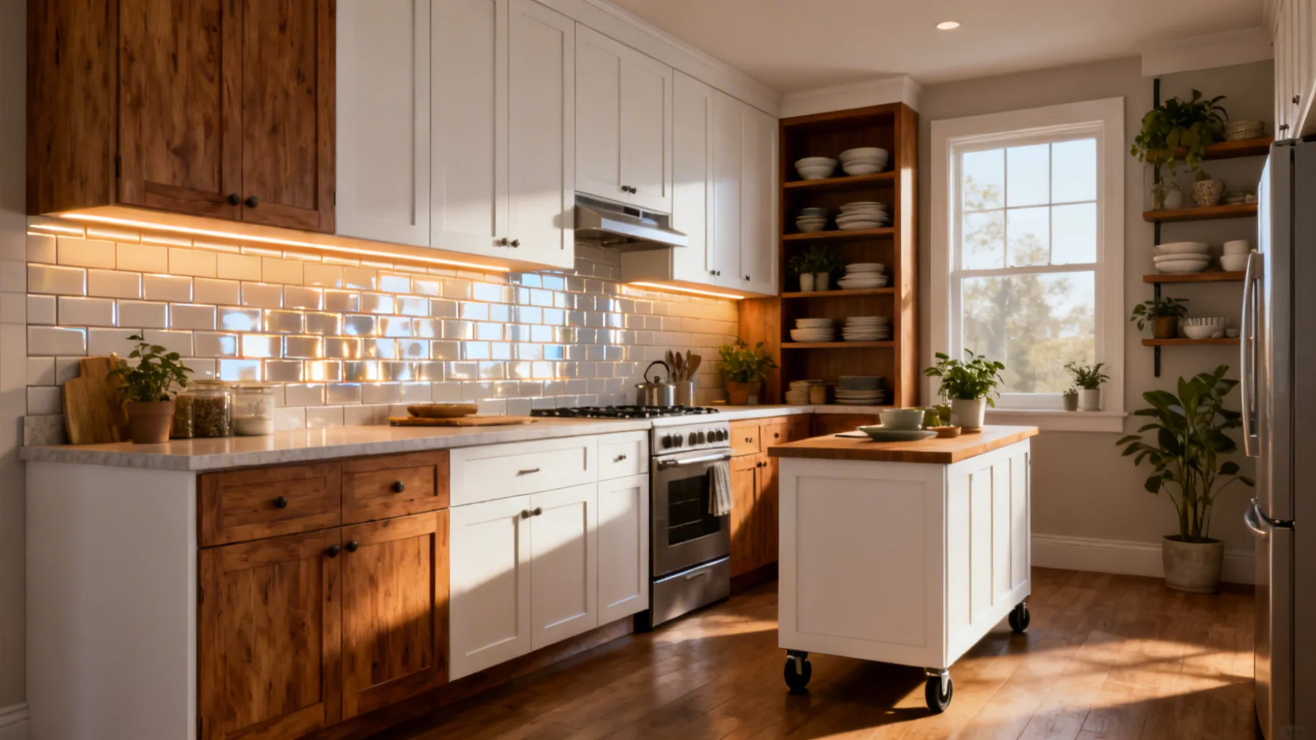 Modern kitchen design featuring white cabinets, wood details, subway tile backsplash, and rolling island cart