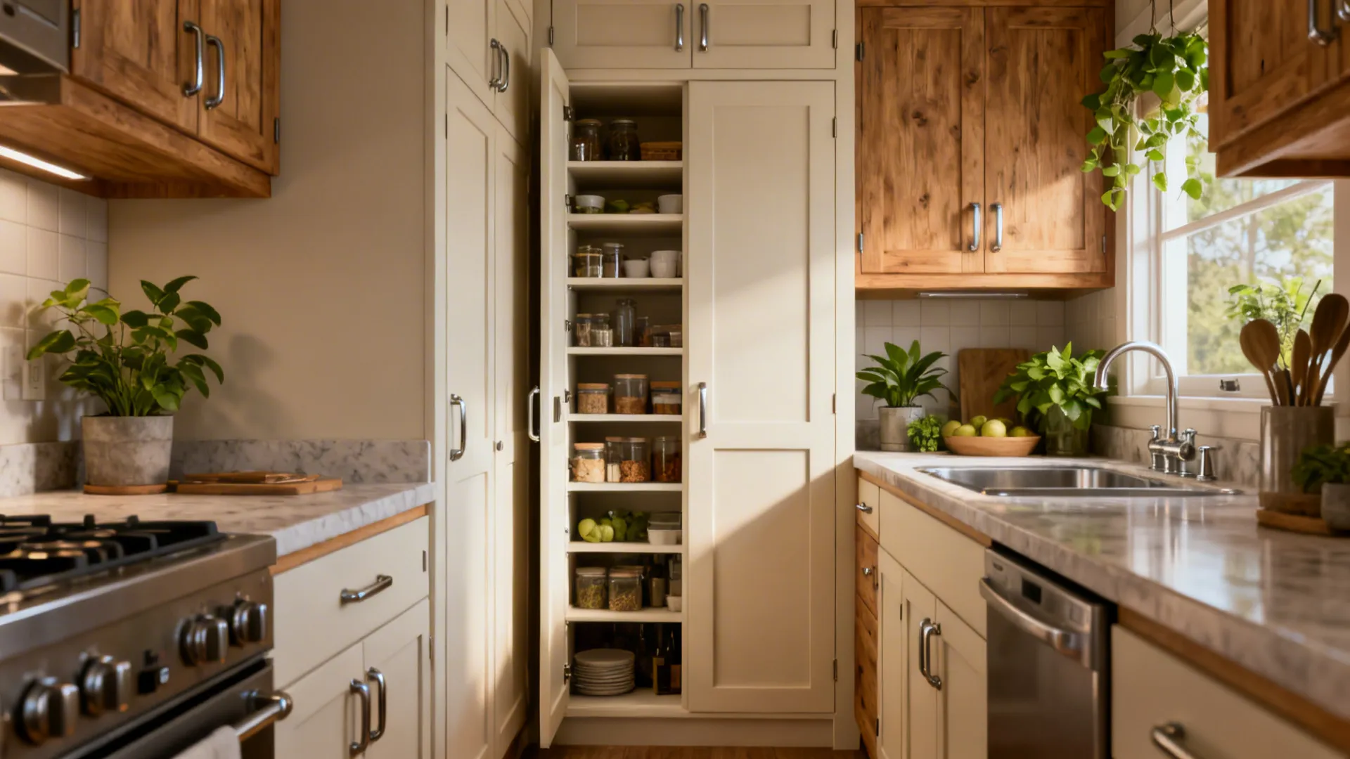 Cream kitchen cabinets with open pantry showing glass jars next to a wood wall cabinet