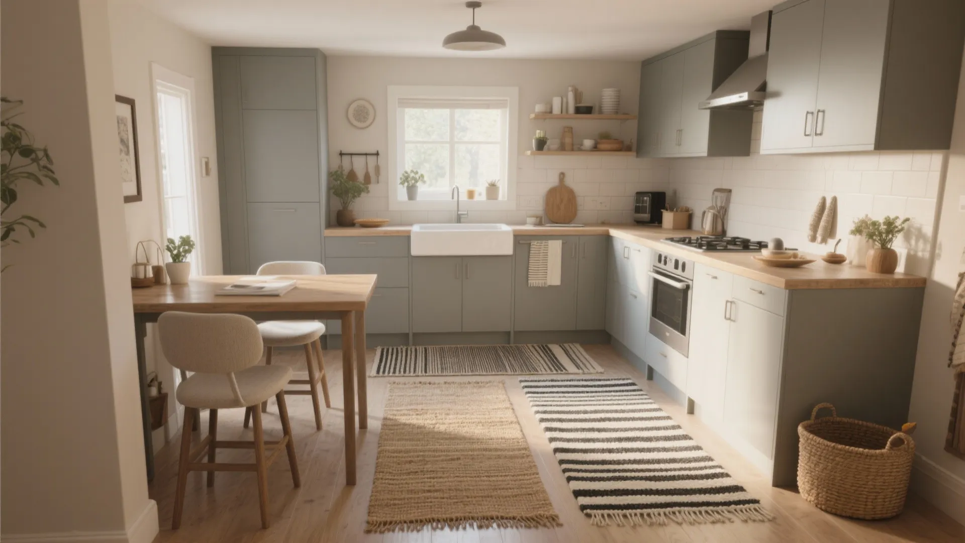 Bright kitchen with grey cabinets featuring three different small striped rugs on the wooden floor
