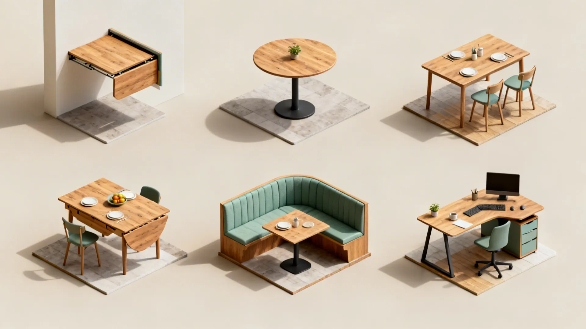 Top-down collage of five compact kitchen table layout vignettes with clear circulation paths.