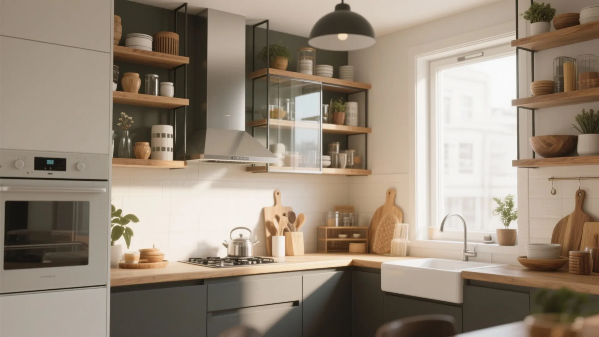 Cozy kitchen interior with dark cabinets wooden countertops open shelving white sink and black ceiling light