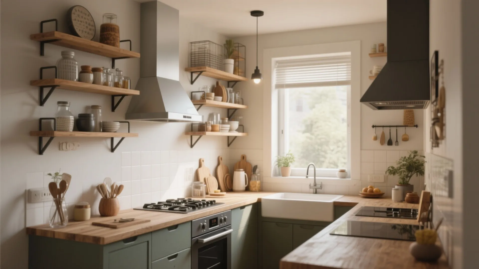 Modern kitchen with green cabinets wooden countertops open wall shelves sink and stainless steel oven stove