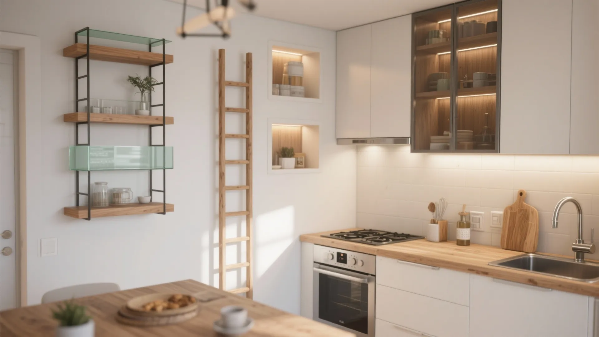 Small white kitchen with wood countertops featuring open shelves and a decorative wooden wall ladder
