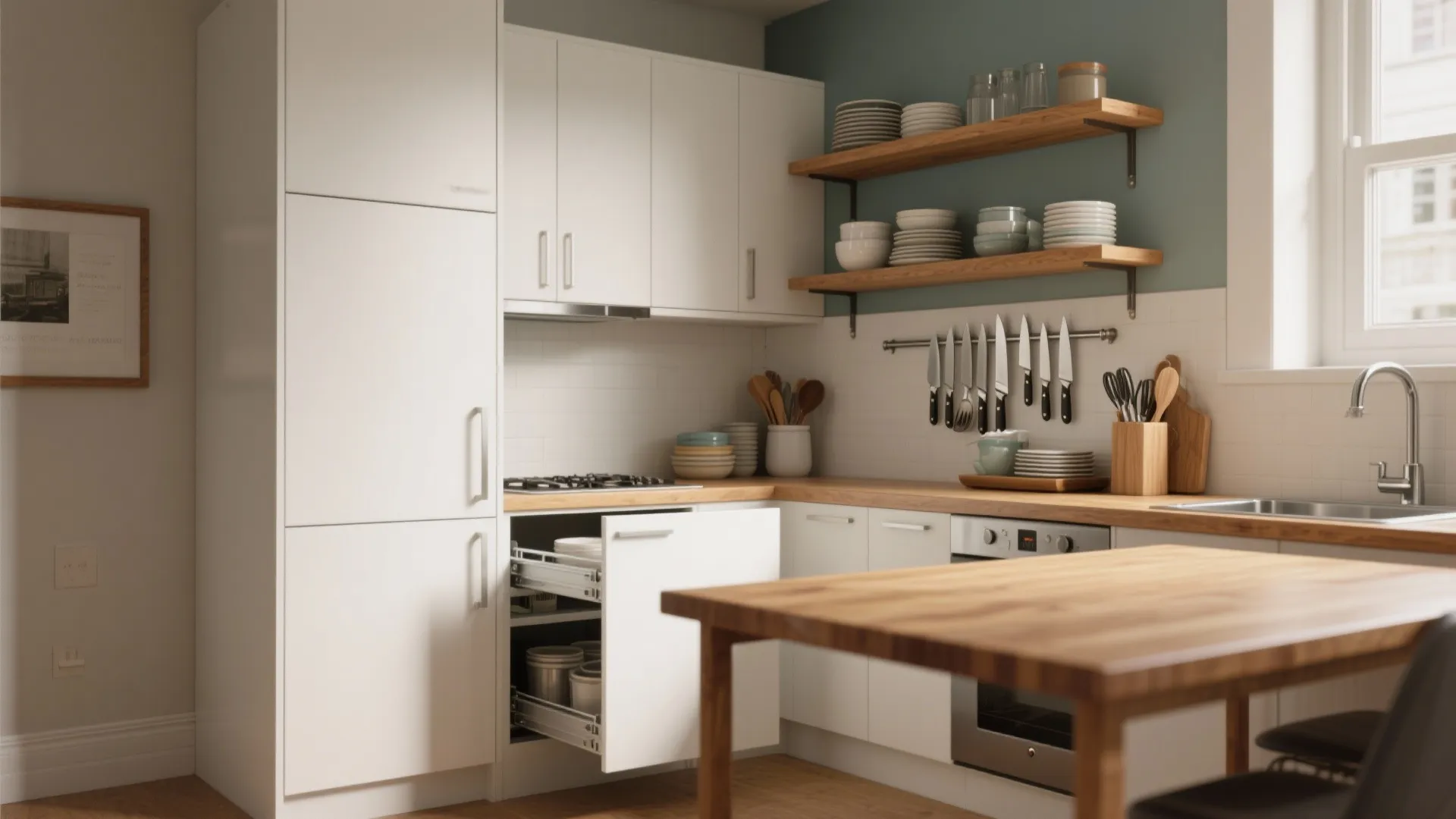 Modern white kitchen cabinets with wood countertops open storage shelves and built-in appliances interior design