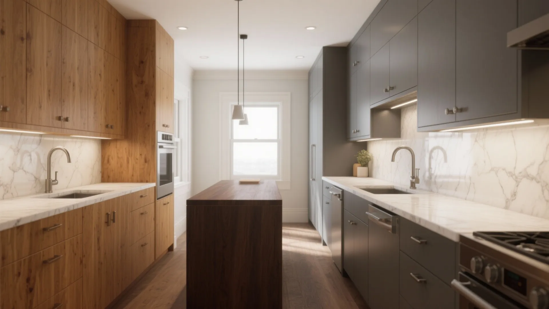 Galley kitchen layout with wood and grey cabinets marble countertops and a central wood island