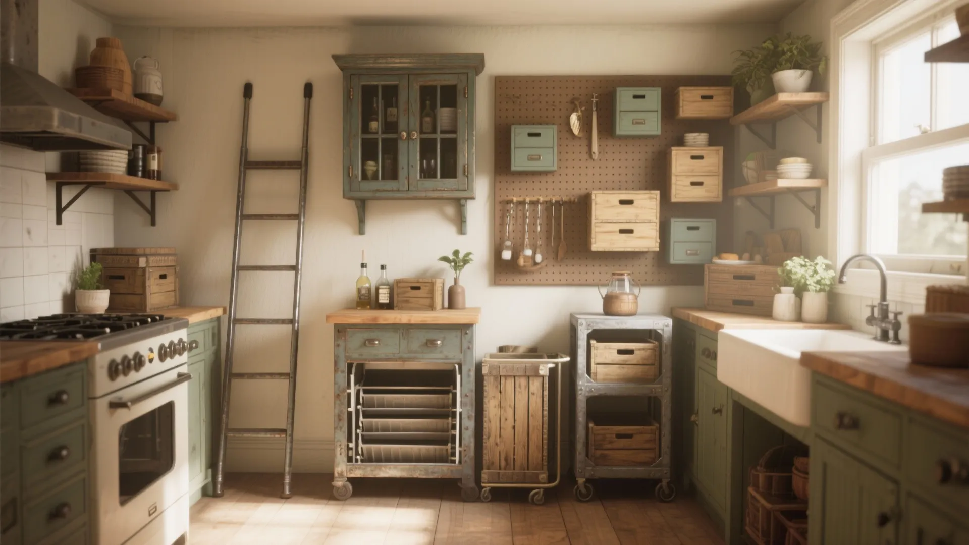 Rustic kitchen with green cabinets and a pegboard for small storage boxes and hanging tools