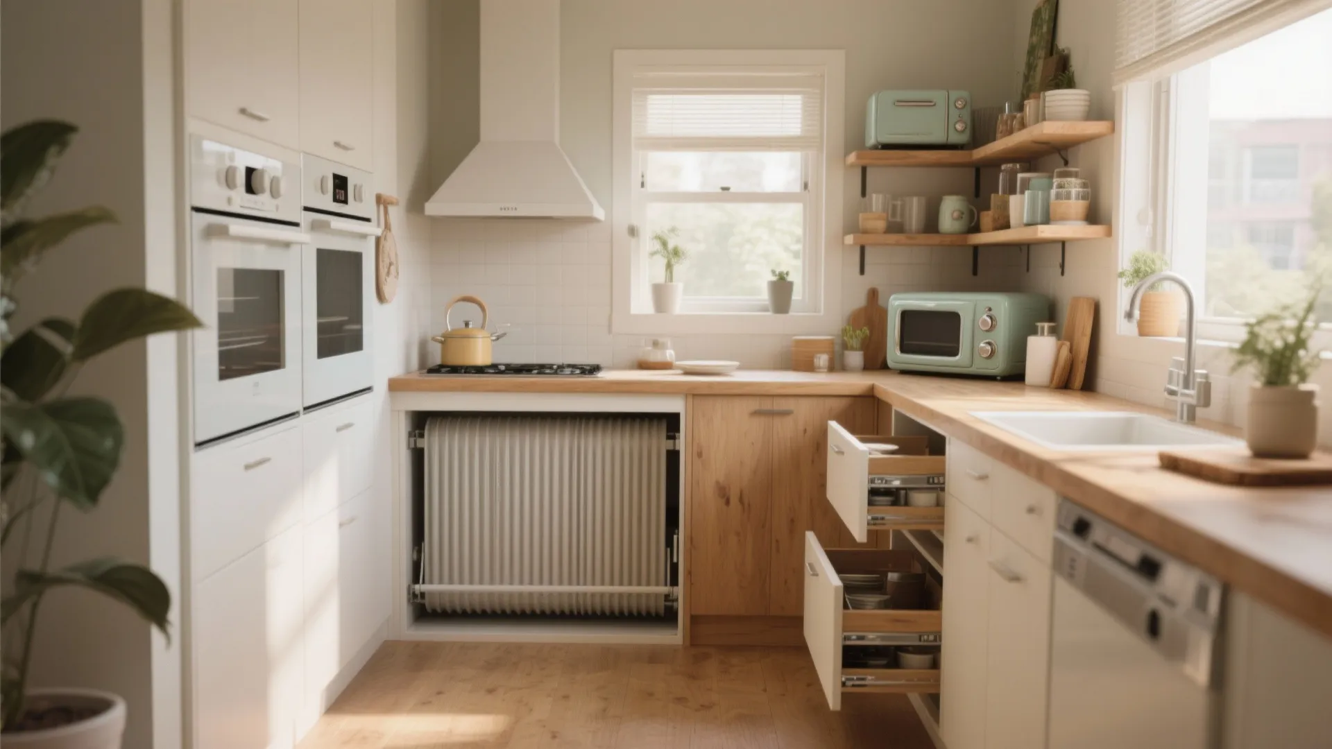 Bright kitchen with white cabinets wooden counters open drawers oven and mint green small appliances