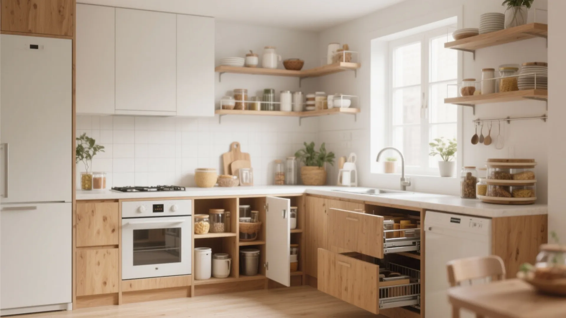 Modern wood kitchen featuring open shelving white cabinets pull out drawers and a white oven