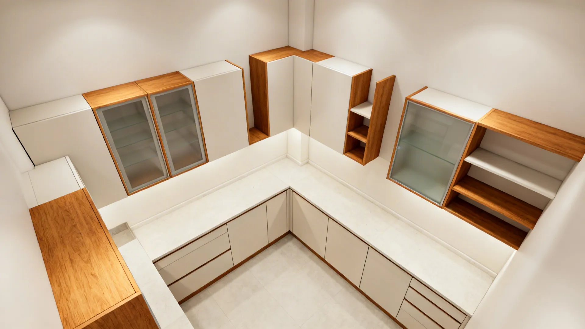 Top-down storyboard showing five hanging cabinet strategies in a compact kitchen.