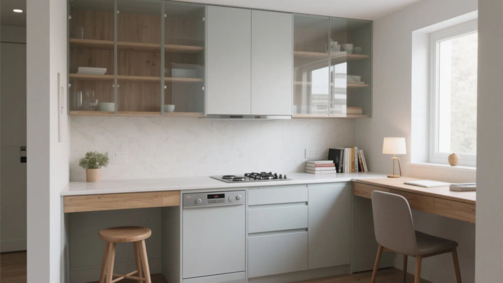 Modern kitchen with white cabinets and integrated wooden desk with chair for a study area