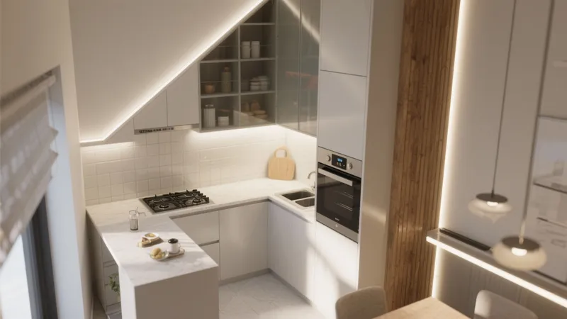 Modern White Kitchen Under Stairs with LED Lighting