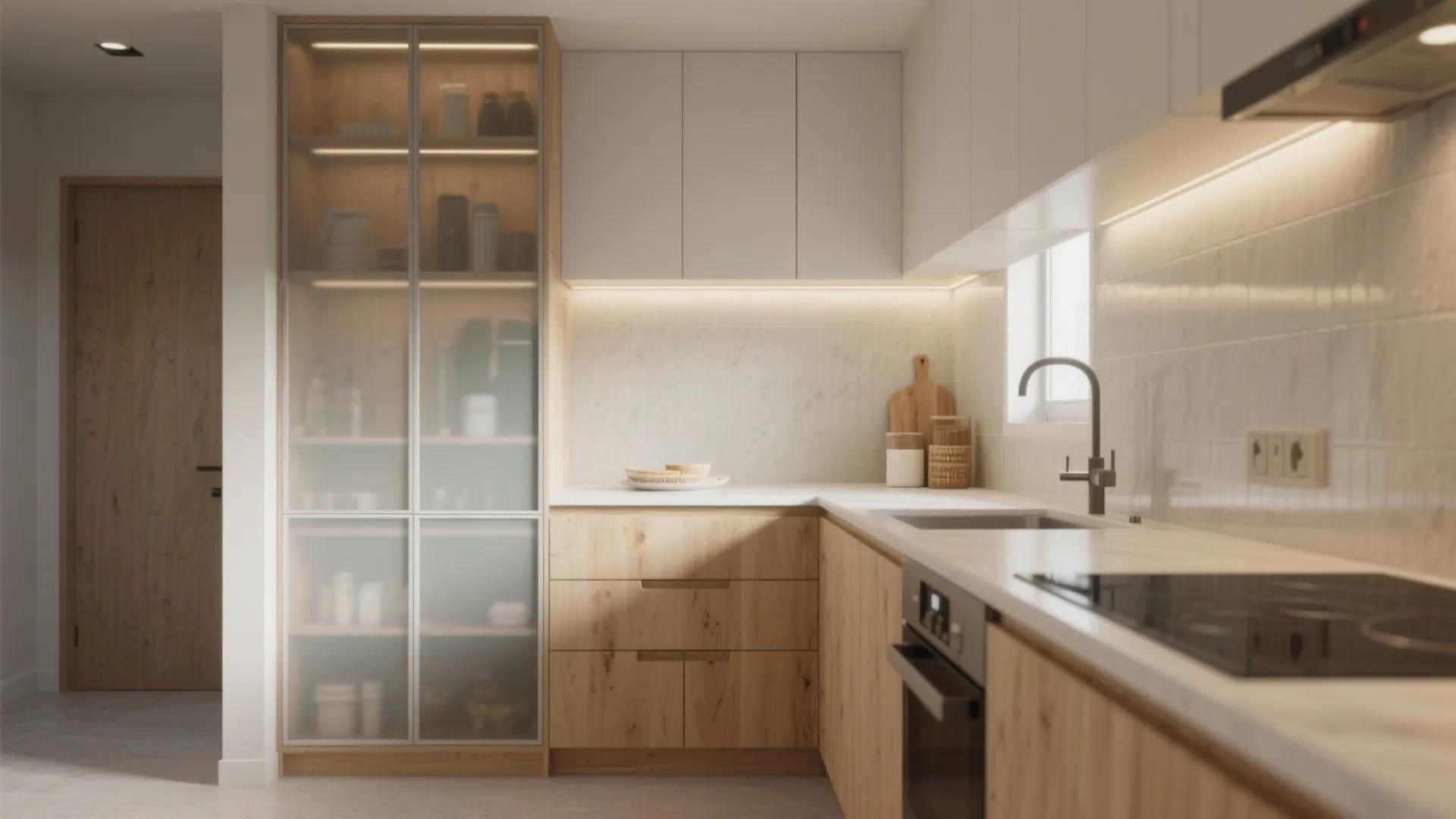 Modern kitchen with wood cabinets white upper cupboards a glass display unit and under-cabinet light