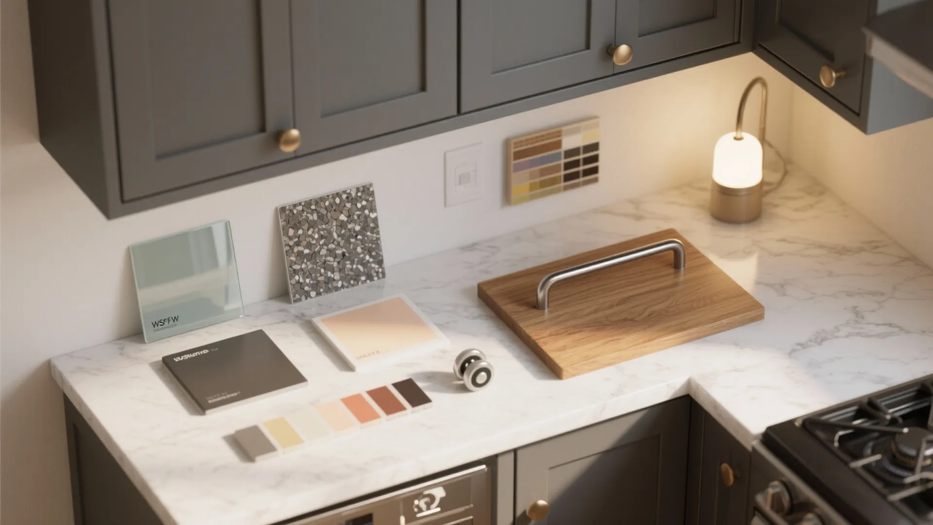 Kitchen countertop with various material samples including wood tiles glass and a small desk lamp