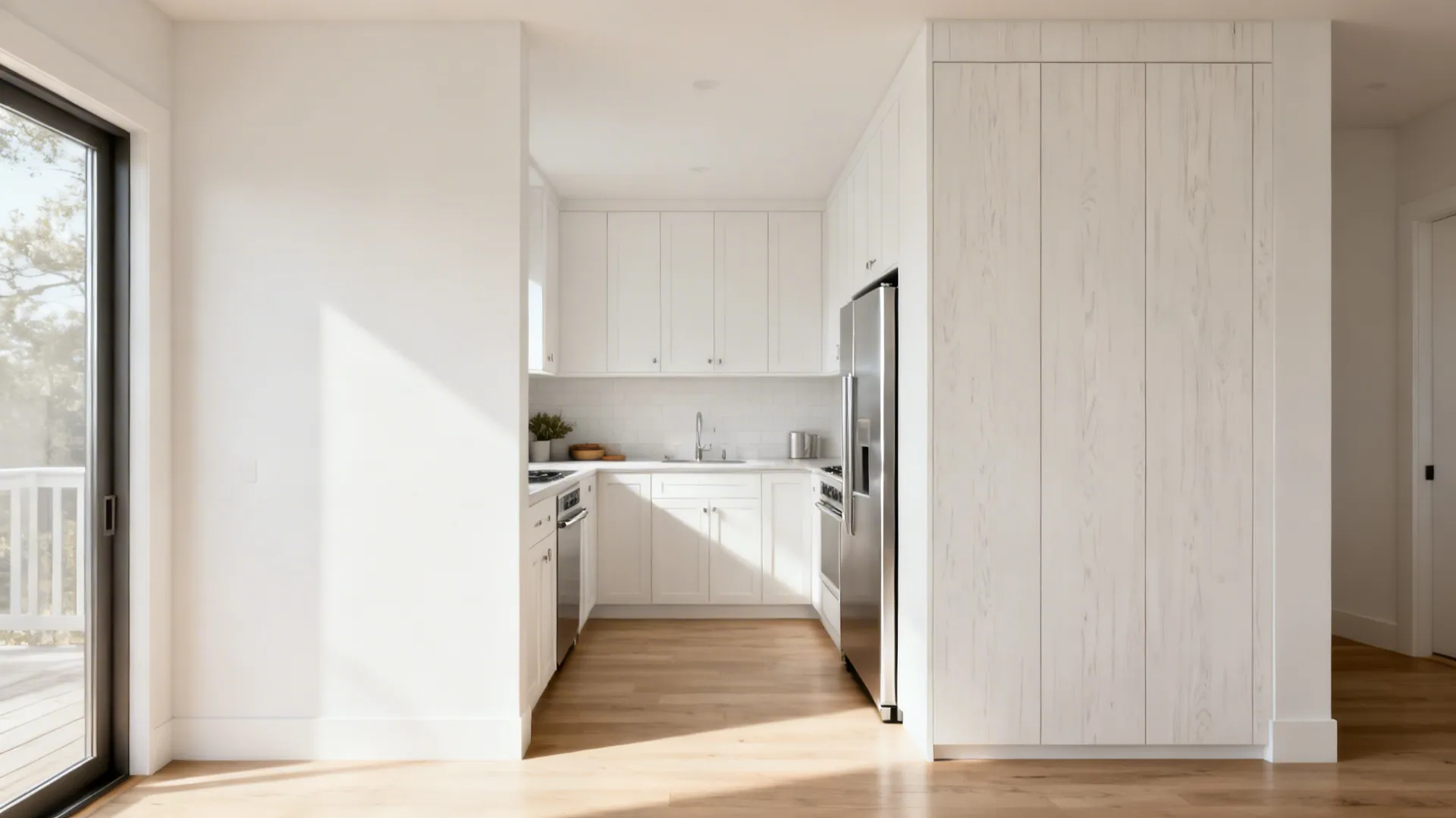 Compact L-shaped kitchen with seamless fridge alignment and a clear 36-inch aisle.