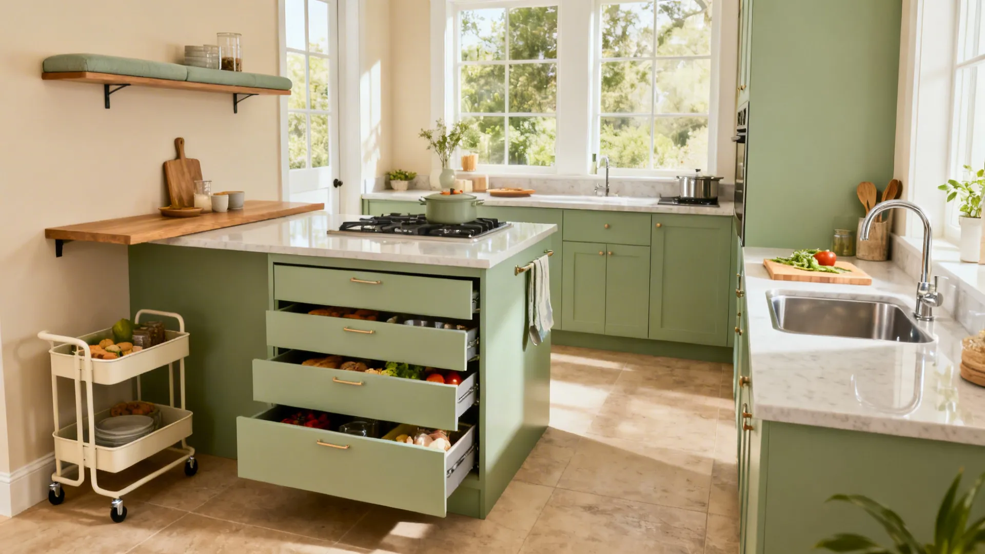 Compact kitchen combining a slim island, mobile cart, drawer storage, glossy finishes, and a prep sink.