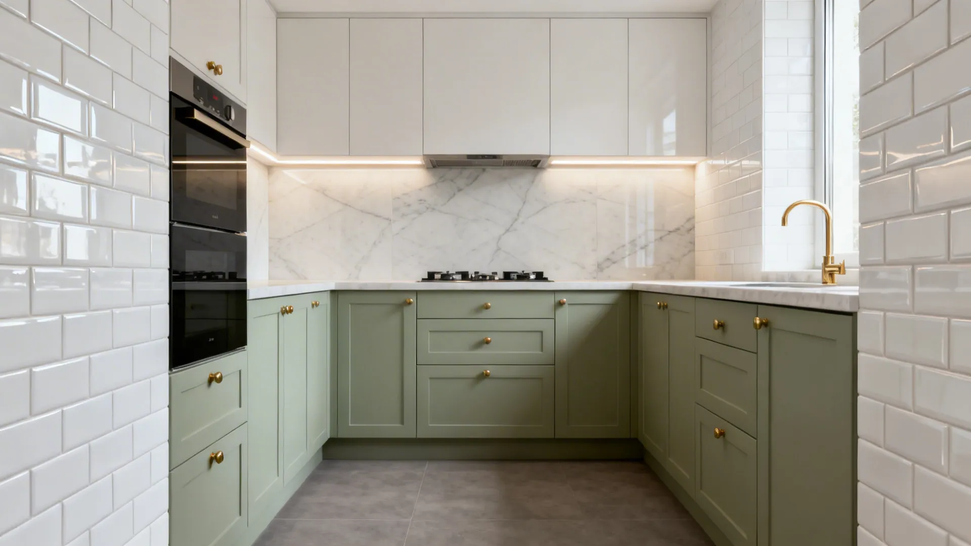 Compact kitchen with subway side walls, porcelain slab cookline, and matte floor in warm neutrals.
