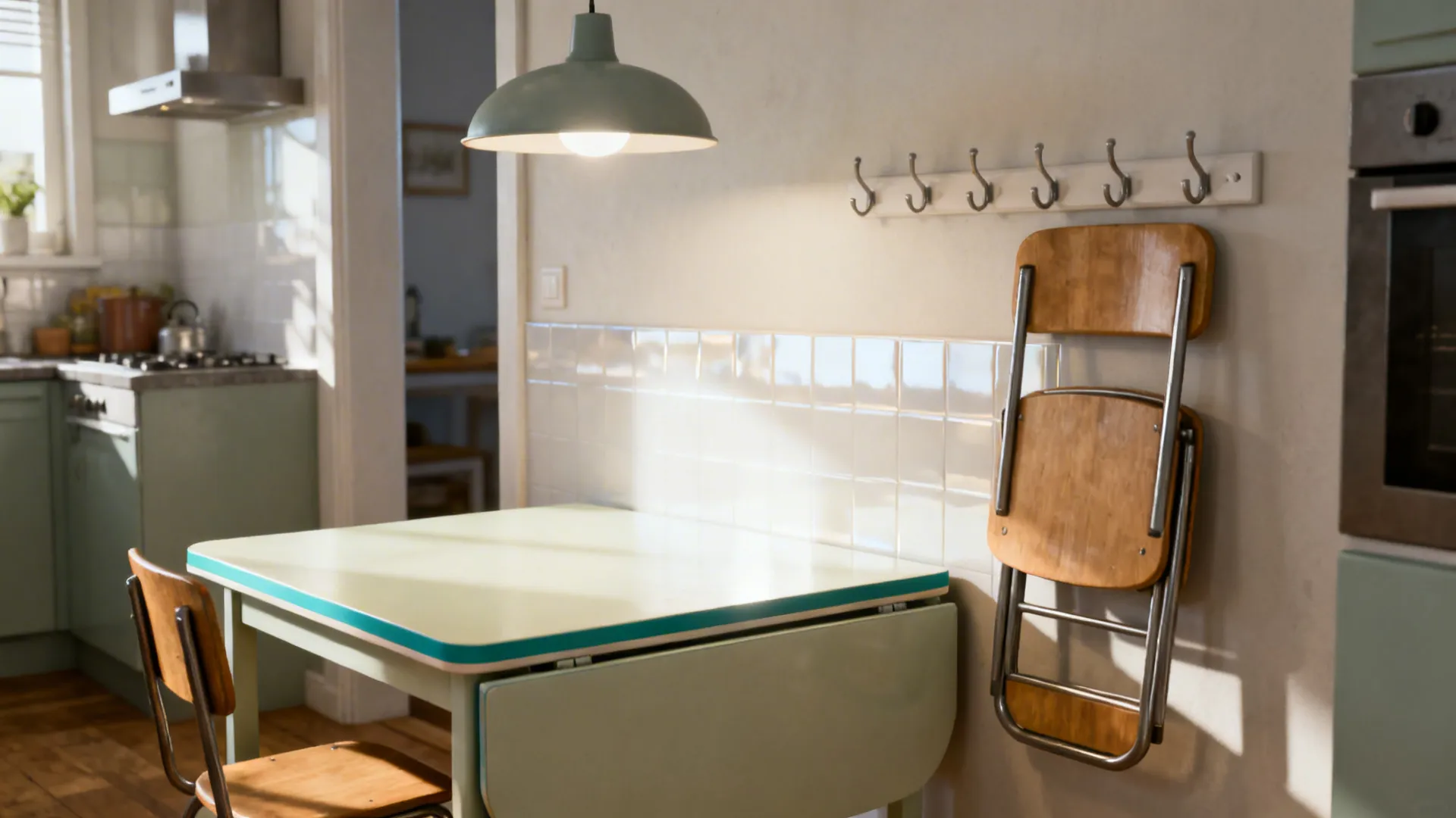 Compact kitchen with a multipurpose table, clear pathways, and bright, inviting finishes.