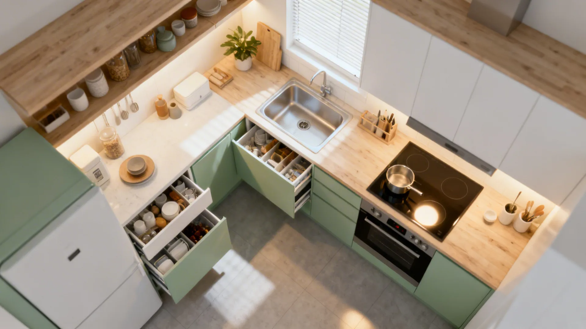 Top-down compact kitchen highlighting lighting, workflow, storage, surfaces, and ventilation.