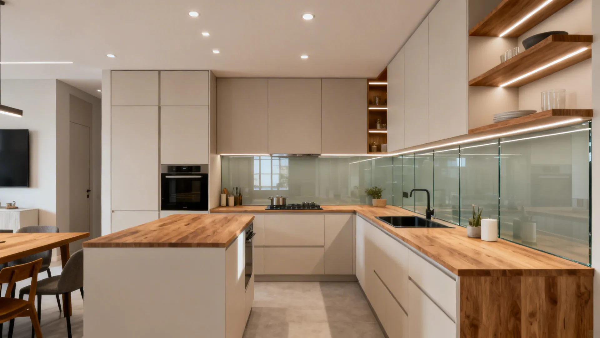 L-shaped kitchen design with wooden countertops, white cabinets, kitchen island, glass backsplash, and ceiling lights