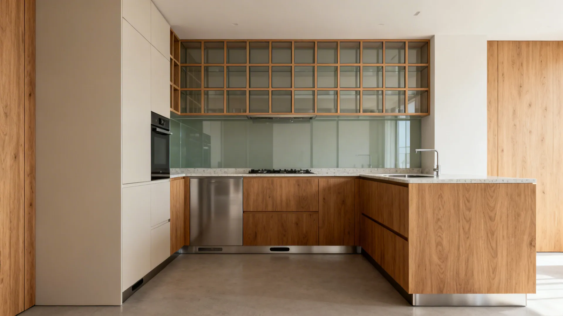 Compact kitchen summary scene showcasing minimalist grids, glass backsplash, L layout, warm wood, and ergonomic details