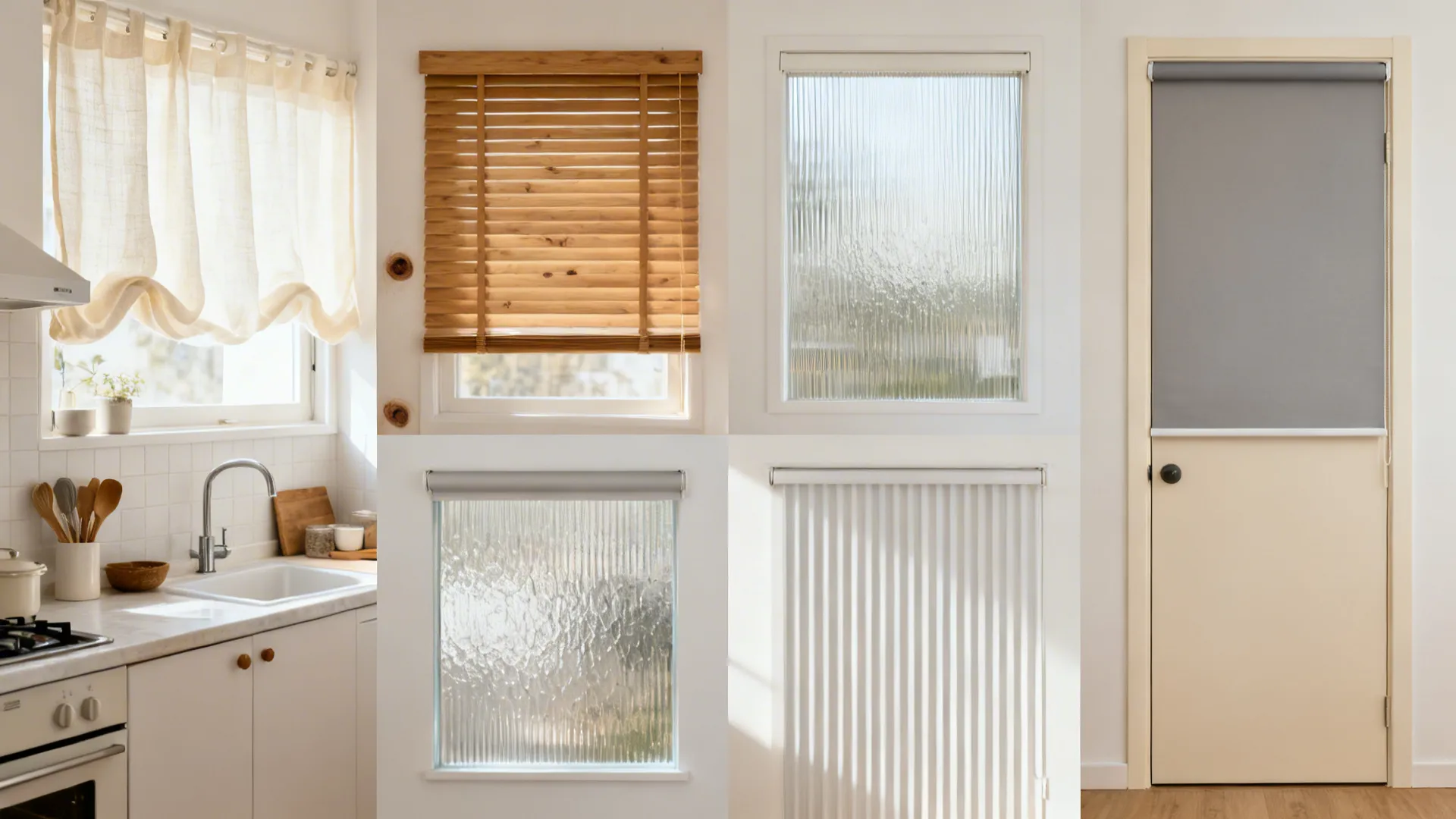 Bright small kitchen showcasing curtains, slats, fluted glass, roller shade, and seamless doors.