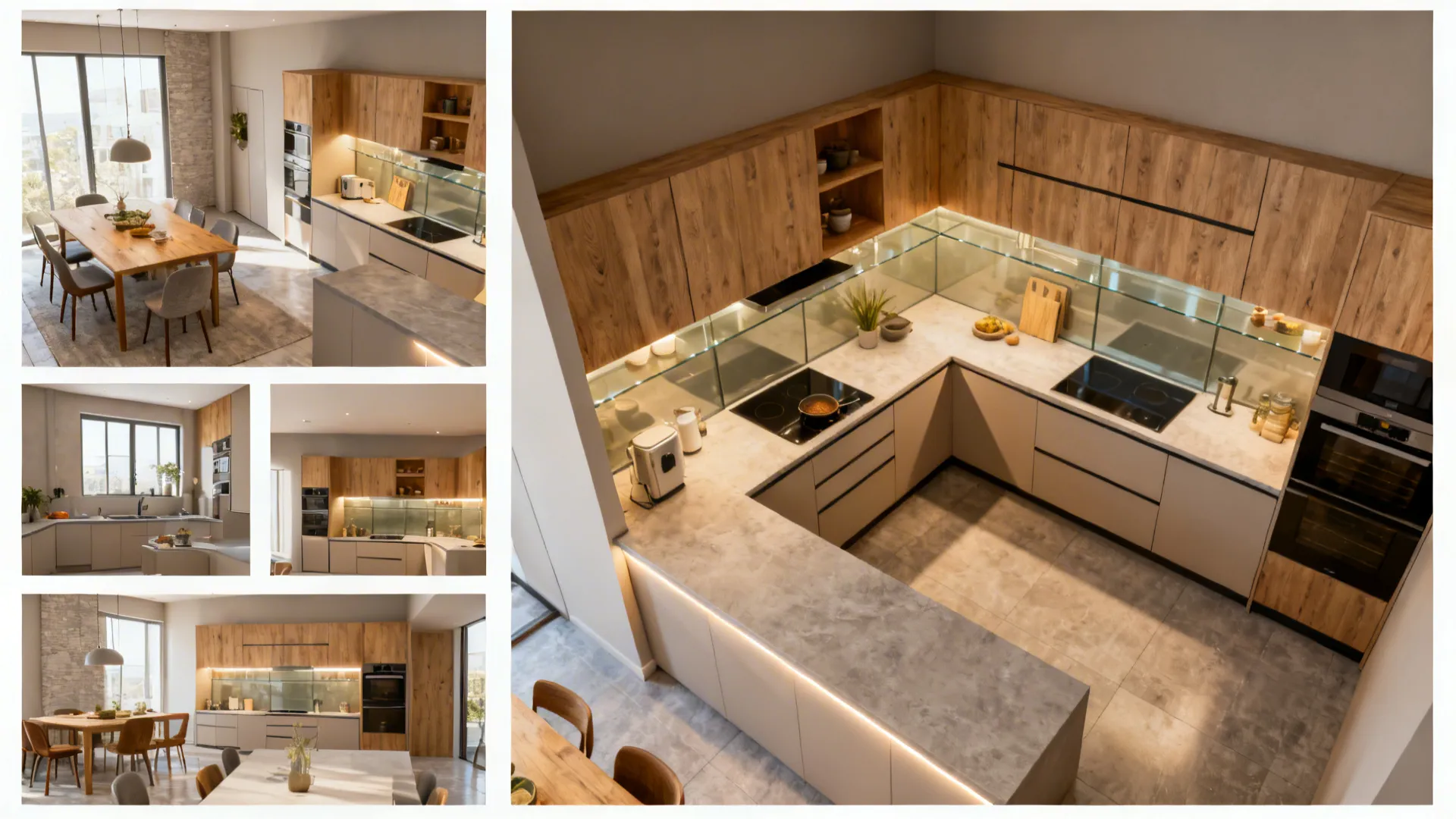Top-down summary showing compact kitchen zones for storage, layout, backsplash, wood accents, and lighting.