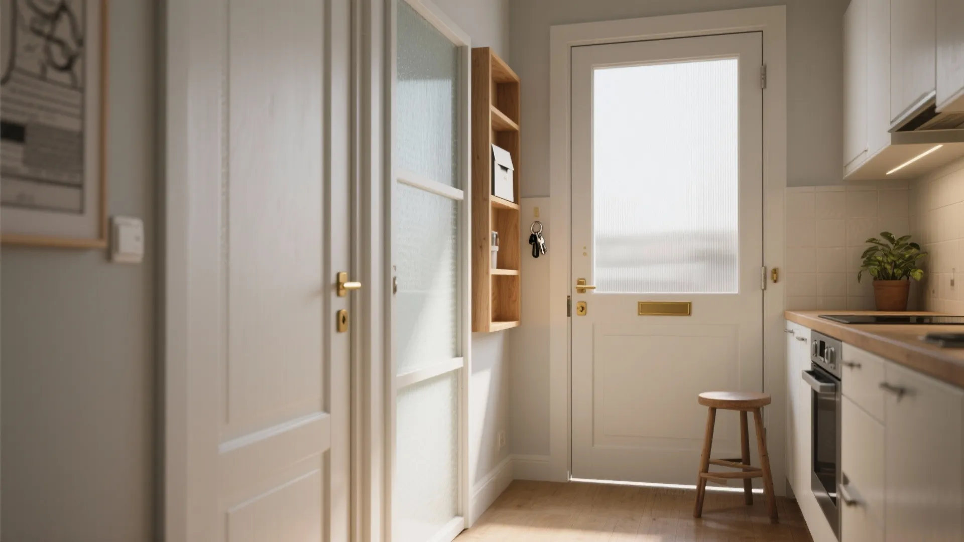 Bright small kitchen with white swing door wooden shelf small stool and white cabinet setup