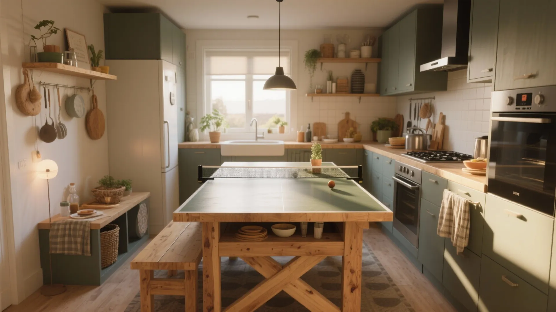 Green kitchen with a wooden dining table used as a small ping pong table with net