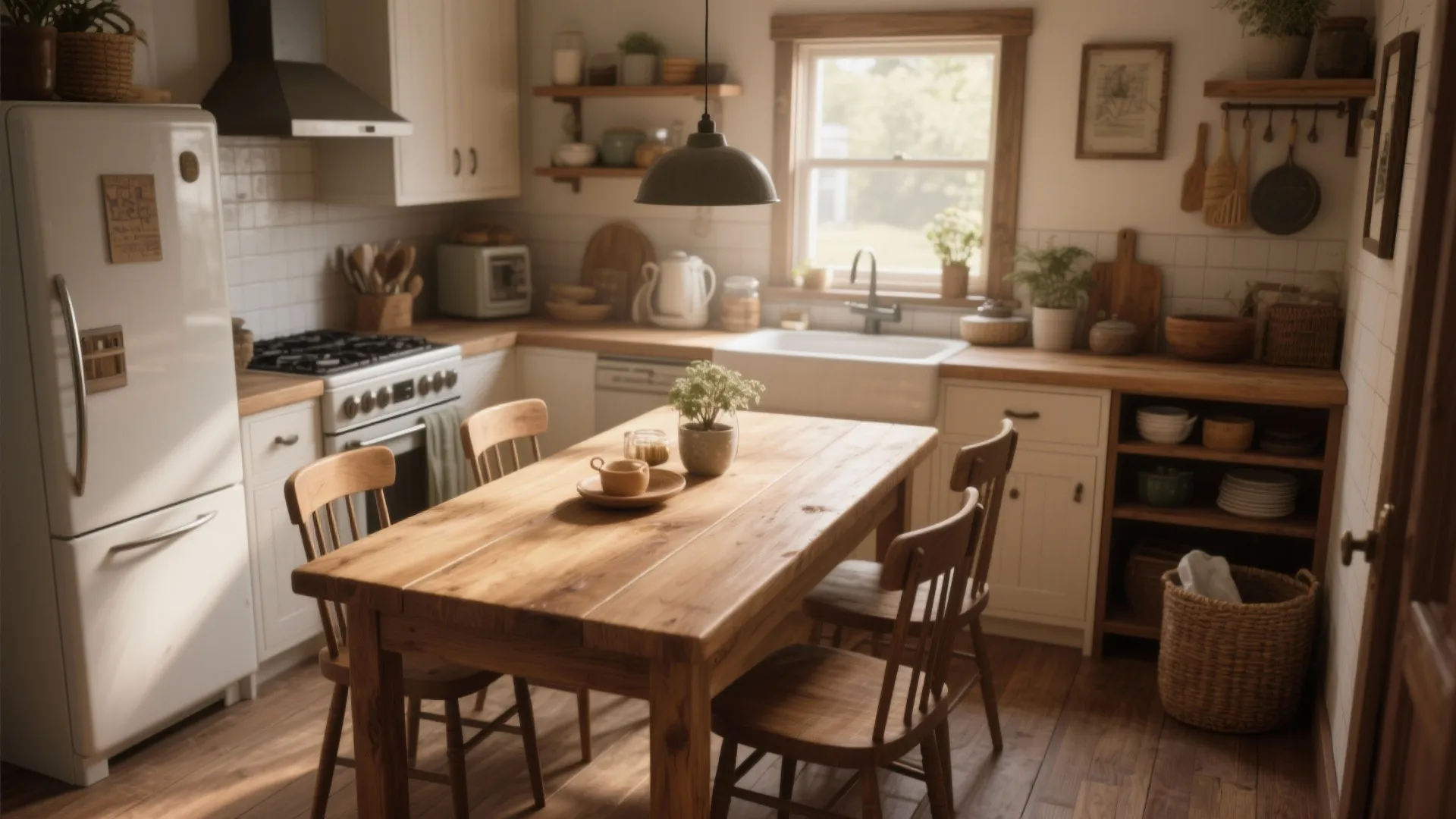 Warm rustic kitchen featuring wooden dining table set with chairs white cabinets and a refrigerator