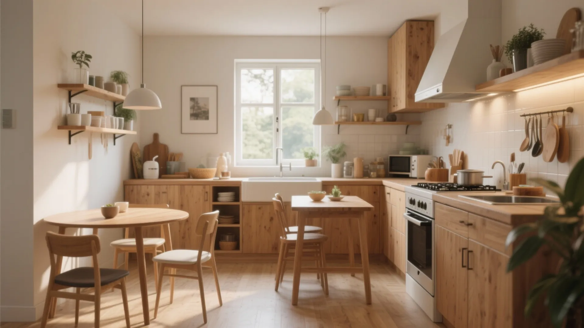 Bright kitchen with wood cabinets small round dining table wooden chairs stove sink and shelves