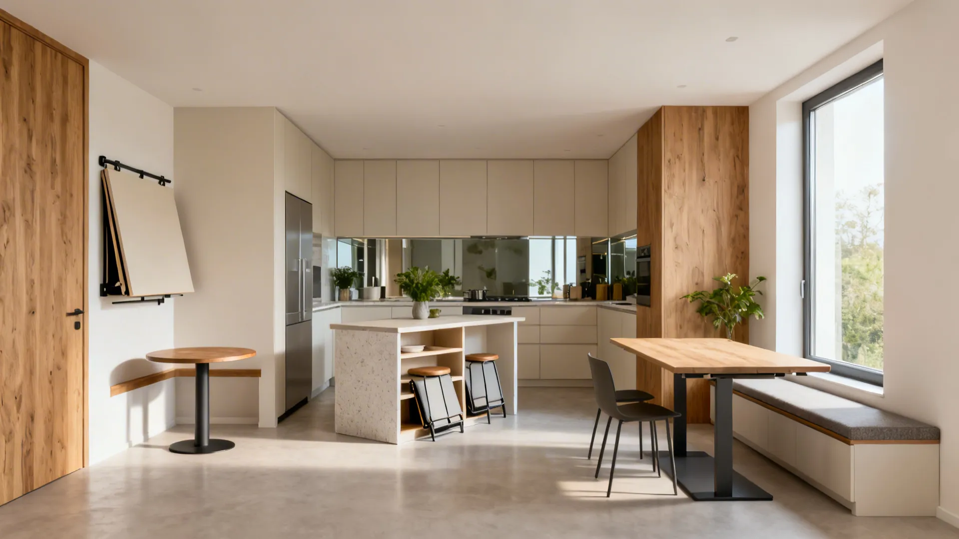 Modern kitchen featuring white cabinets, wood island, dining table with chairs, and a window bench