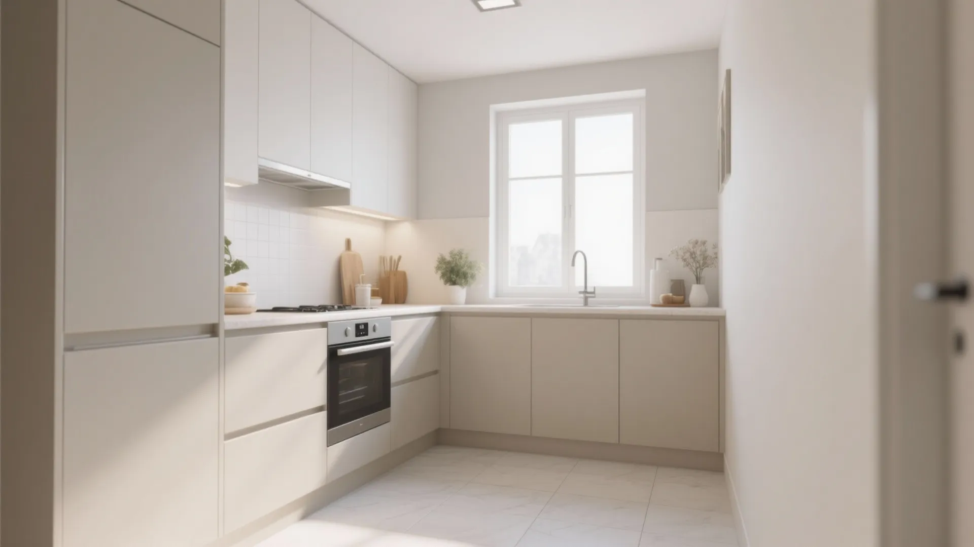 Minimalist small kitchen with cream cabinets white walls bright window light oven and simple sink